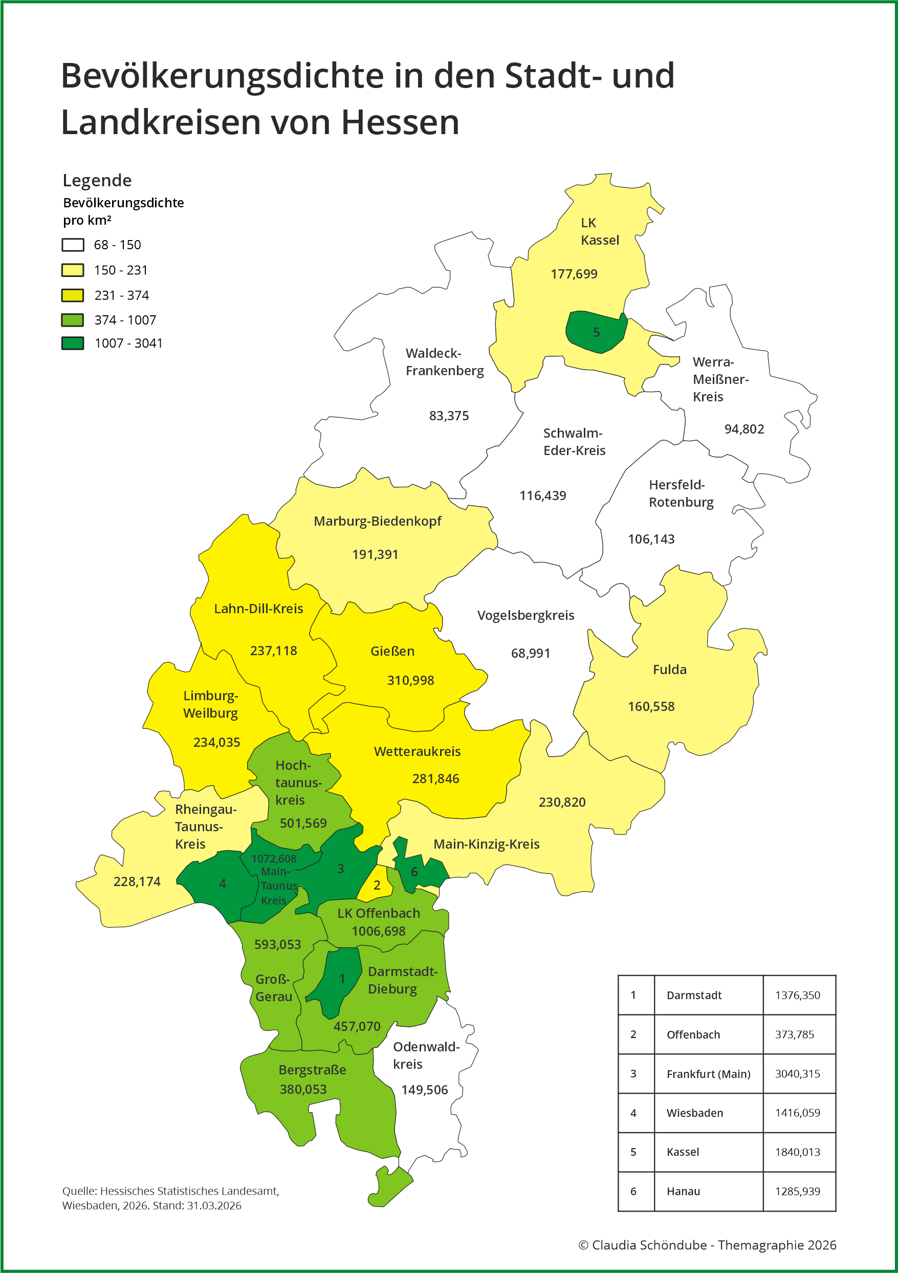 Kartogramm Bevölkerungsdichte Hessen März 2026